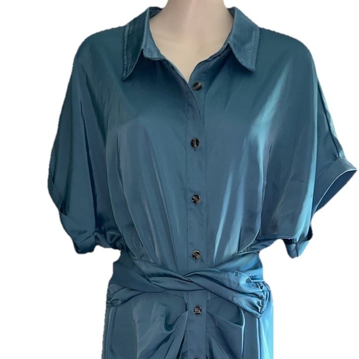 NEW BTFBM Women's Dress Sz XL Collar Button Down Tie Waist Ruche Polyester Blend