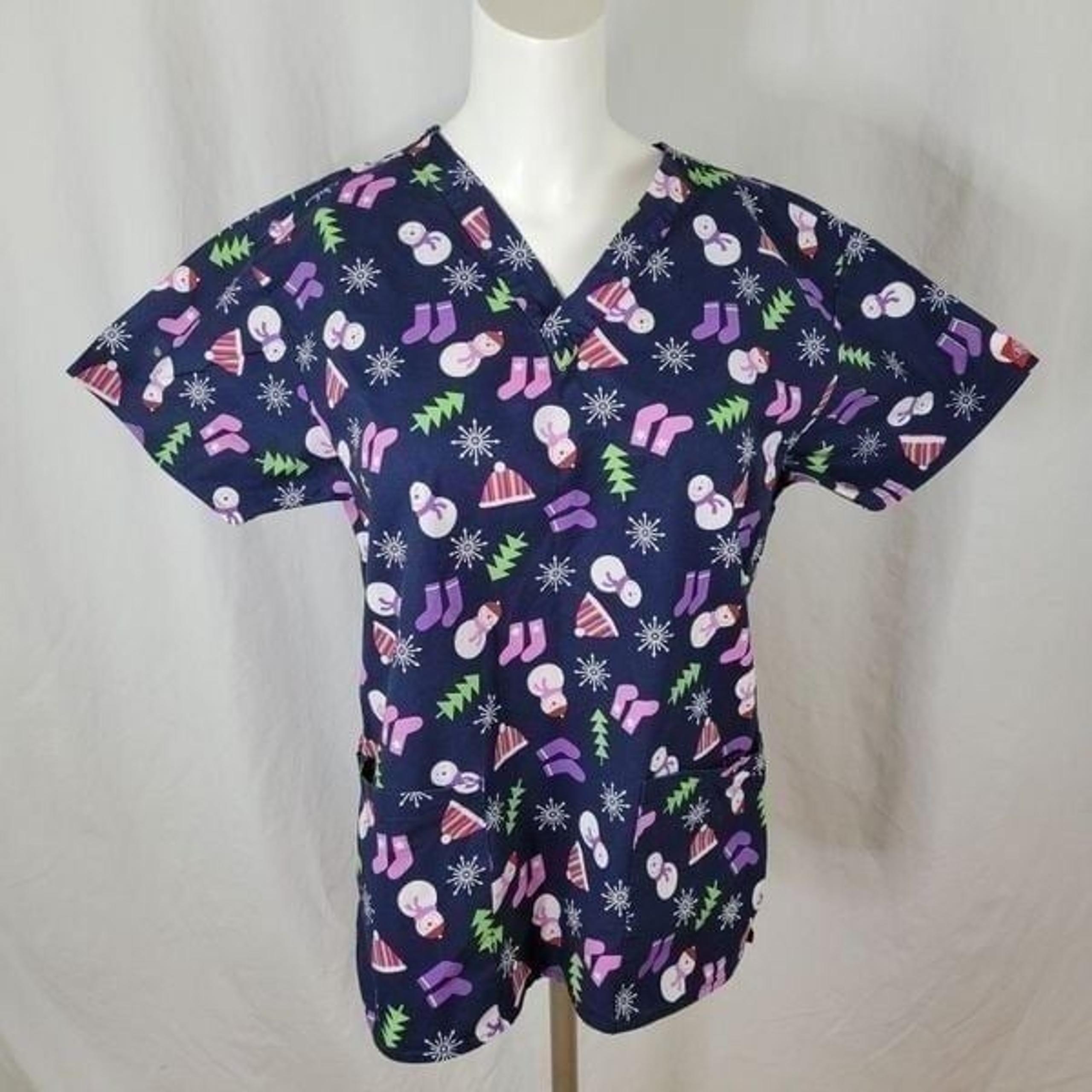Dickies Snowman Winter Themed Double Pocket Scrub Top Size S