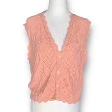 Vintage Sunbelt Sweater Vest Pink Pointelle Knit Scalloped Vneck Cottagecore