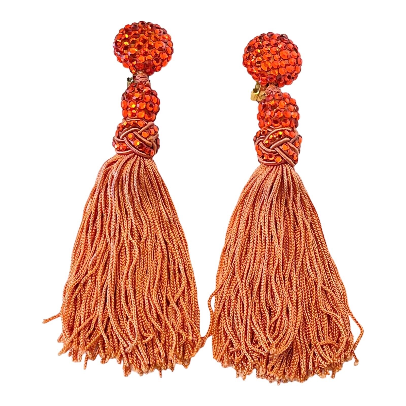 VTG Couture James Arpad RHINESTONE TASSEL EARRINGS Clip On 4.5 Orange Fringe!