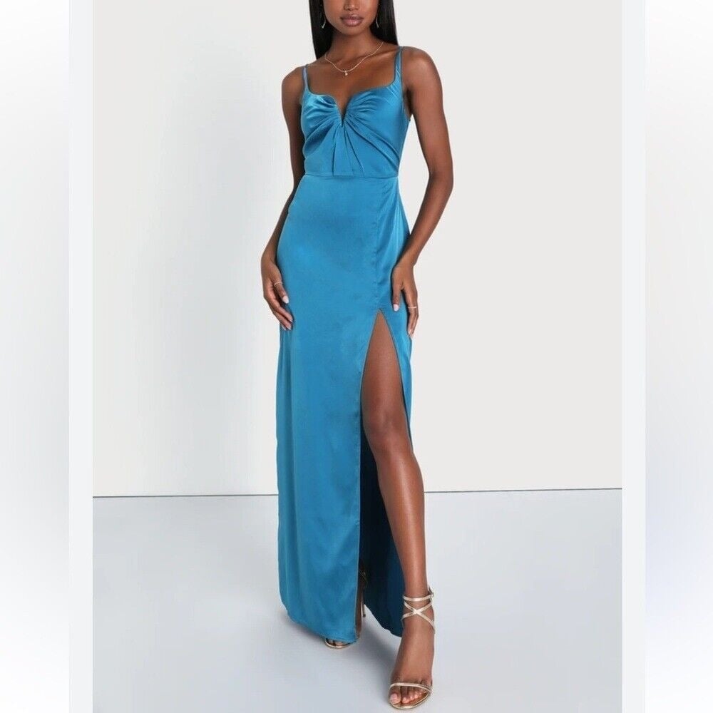 Lulus Lovely Drama Blue Satin Sleeveless A-Line Maxi Dress Medium side slit NWT