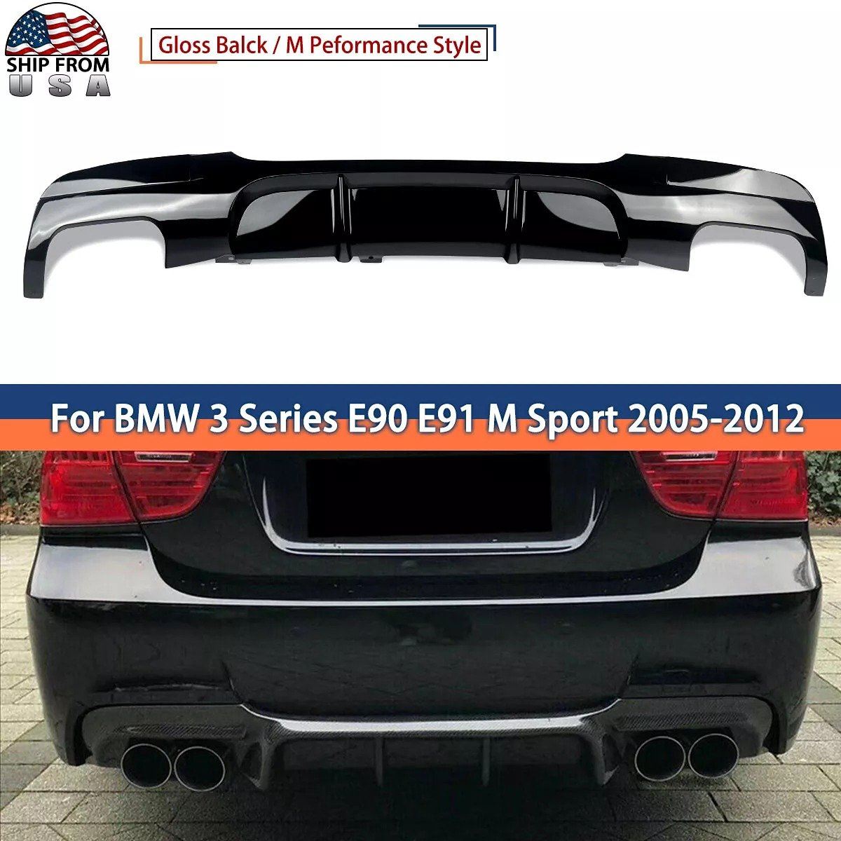 For 2004-2013 3 Series BMW E90 Rear Bumper Diffuser Lip PG Style Gloss Black