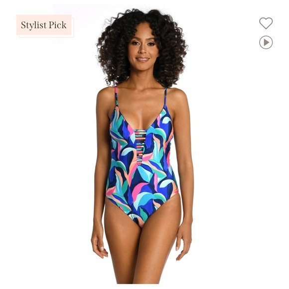 NWT LA BLANCA Painted Leaves Reversible Plunge One Piece