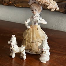 Vintage Arnart Creation Woman Parasol Spaghetti Lace White Poodle Figure Kitschy