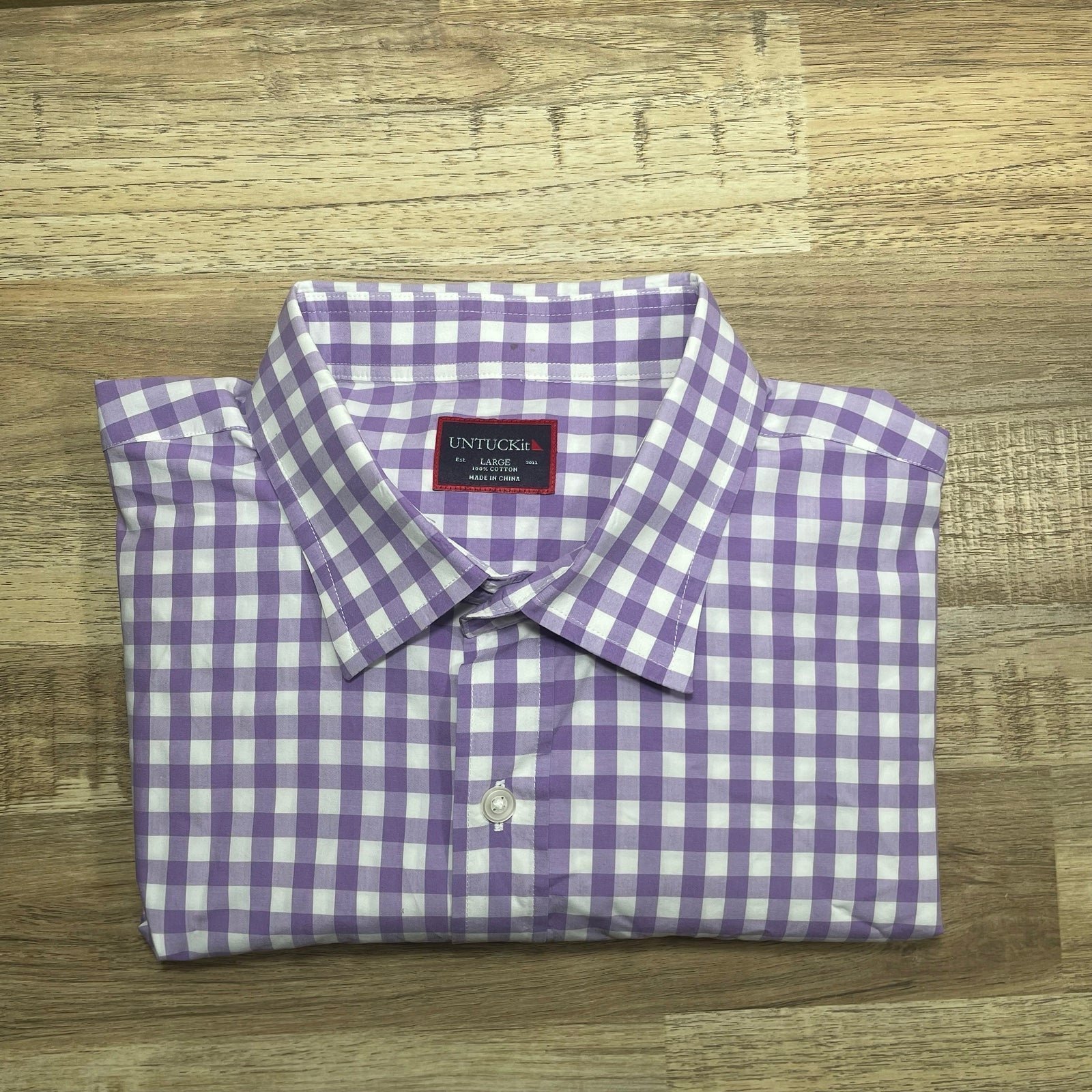 Untuckit Mens Size L Purple Check Gingham Long Sleeve Button Up Shirt EUC