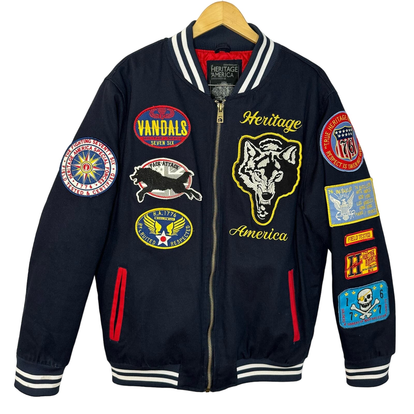 HERITAGE AMERICA Men's Multi-patch Varsity Bomber Jacket Quilted Lined XL