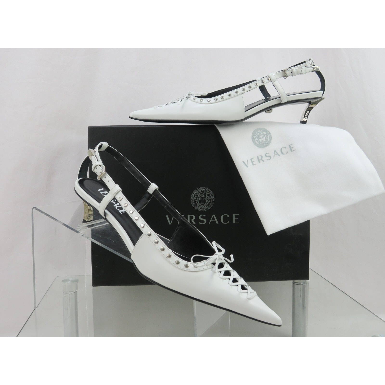 VERSACE WHITE PATENT LEATHER GOLD MEDUSA LOGO SANDALS KITTEN HEEL PUMPS 39 US 9