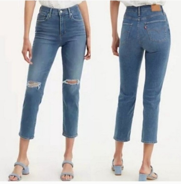 Levi's Premium 724 High Rise Straight Raw Hem Split Hem Ripped Blue Jean Size 30
