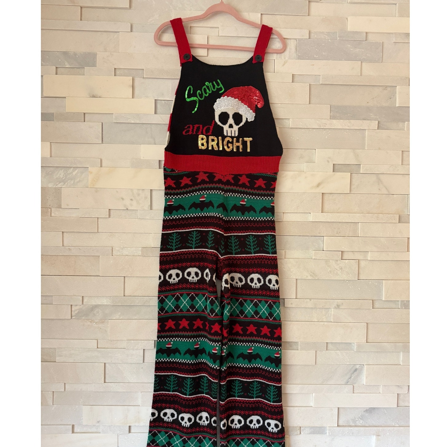 Halloween Christmas Scary and Bright Sequin Knit Overalls Jumpsuit Skeleton XL