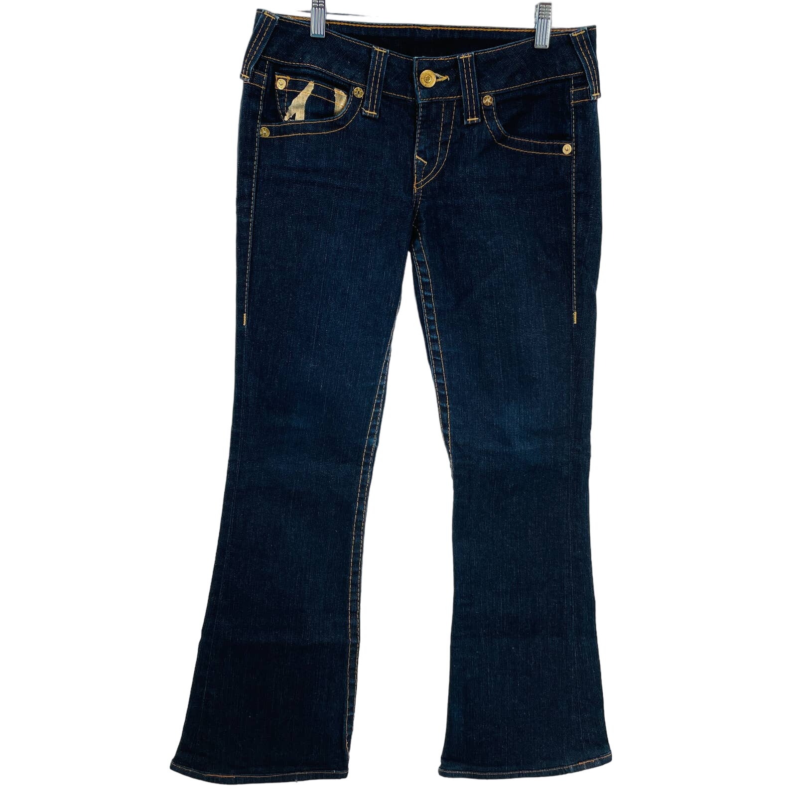 True Religion Womens 29 Vintage Joey Bell Bottoms Dark Wash Metallic Gold Trim