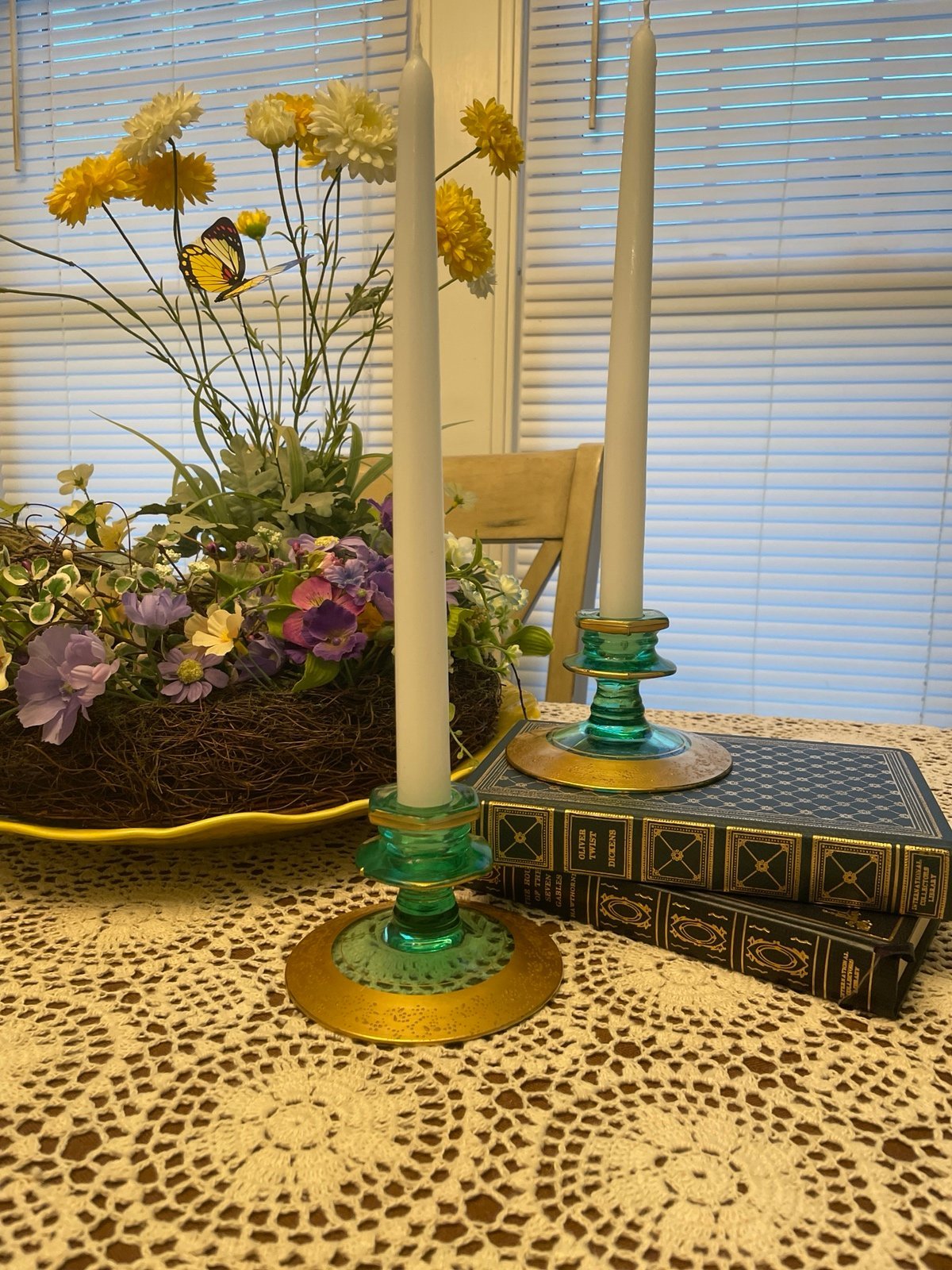 Vintage Antique Uranium Glass Candlesticks Gold Trim Moriage Design Set of 2