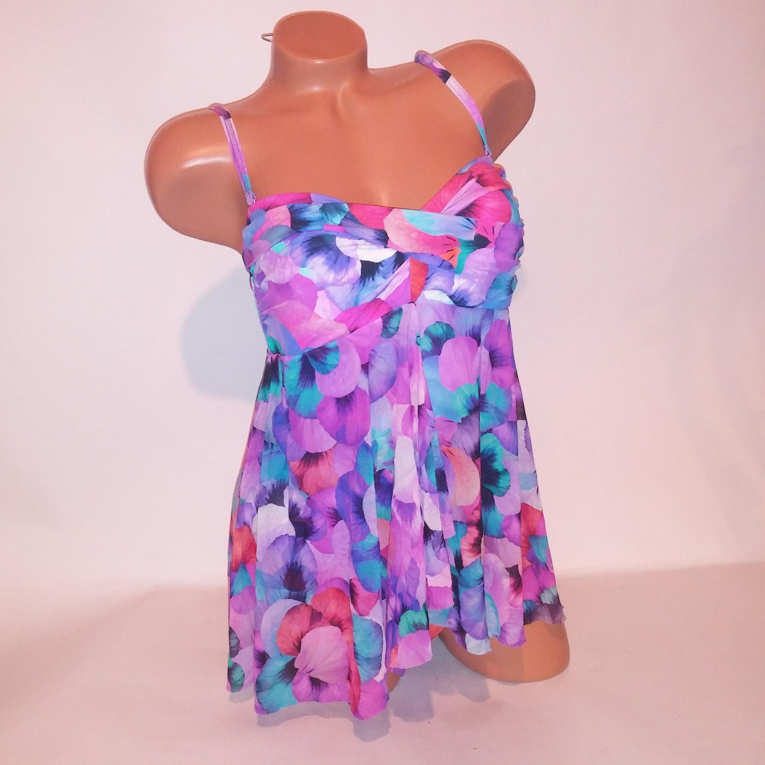 Profile by Gottex One Piece Swim Size 12 Purple Blue Red Flounce Lightly Lined