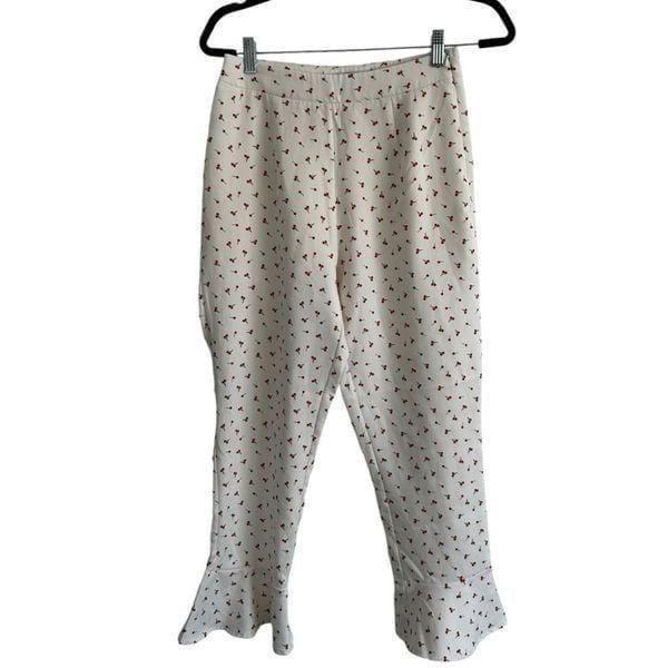 Tiger Mist White Cherry All Over Novelty Print Pants Size S Cropped Ruffle