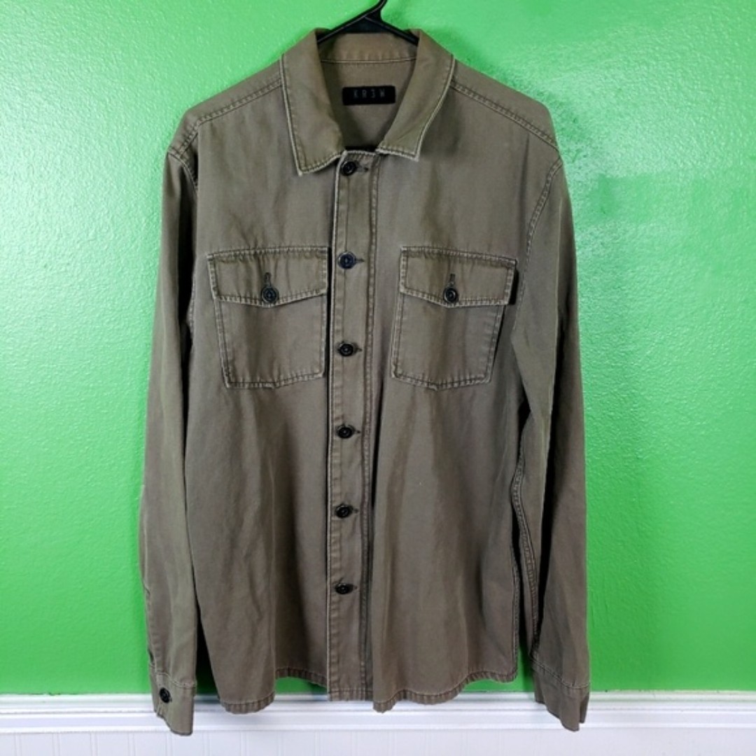 Krew Men's Khaki Graphic Button Zip Up Cargo Jacket Shacket Size Large