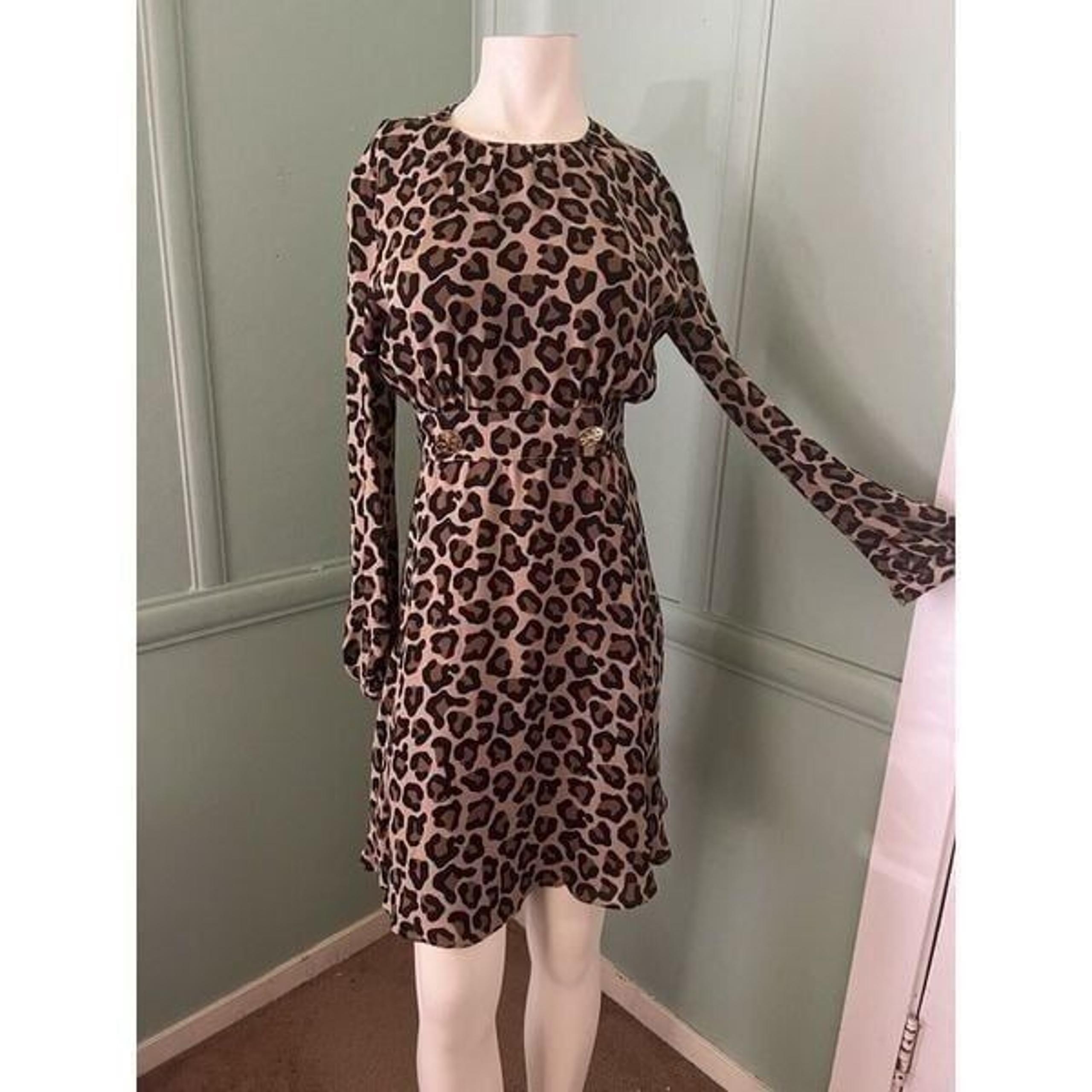 Tory Burch Womens 4 Leopard Print 100% Silk Mini Dress Black Gold Fitted Waist