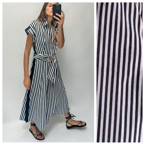NWT. Zara Navy Blue/White Linen/Cotton Blend Midi Shirtdress. Size S.