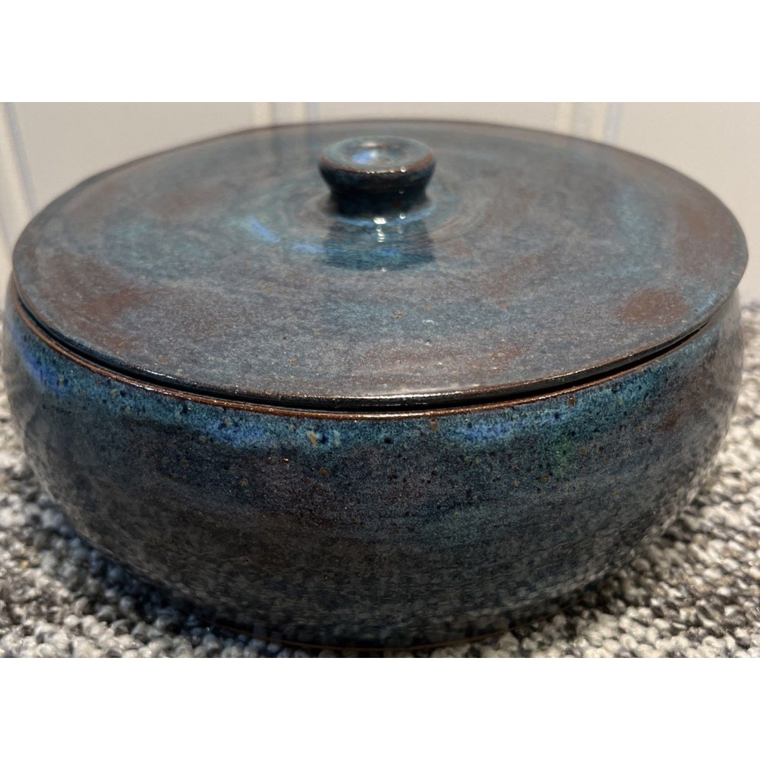 Vivid Blue Gray Speckled Studio Art Pottery Lidded Bowl Crock Sign Joan 2016