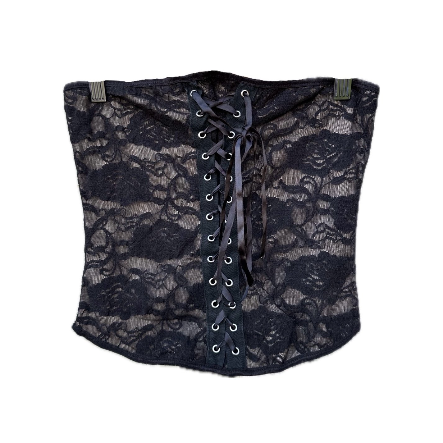 Vintage 90s Forever 21 black lace floral lace up corset black top