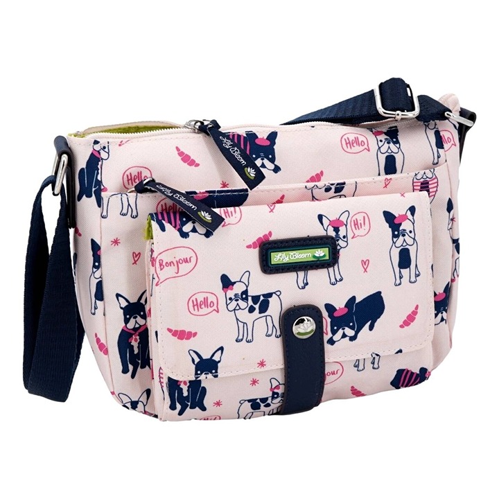 Lily Bloom Womens Satchel Handbag Pink White French Bulldog Zipper S New