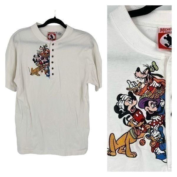 Vintage Disney Mickey Inc Mickey Mouse Short Sleeve Henley Shirt White Size S/M