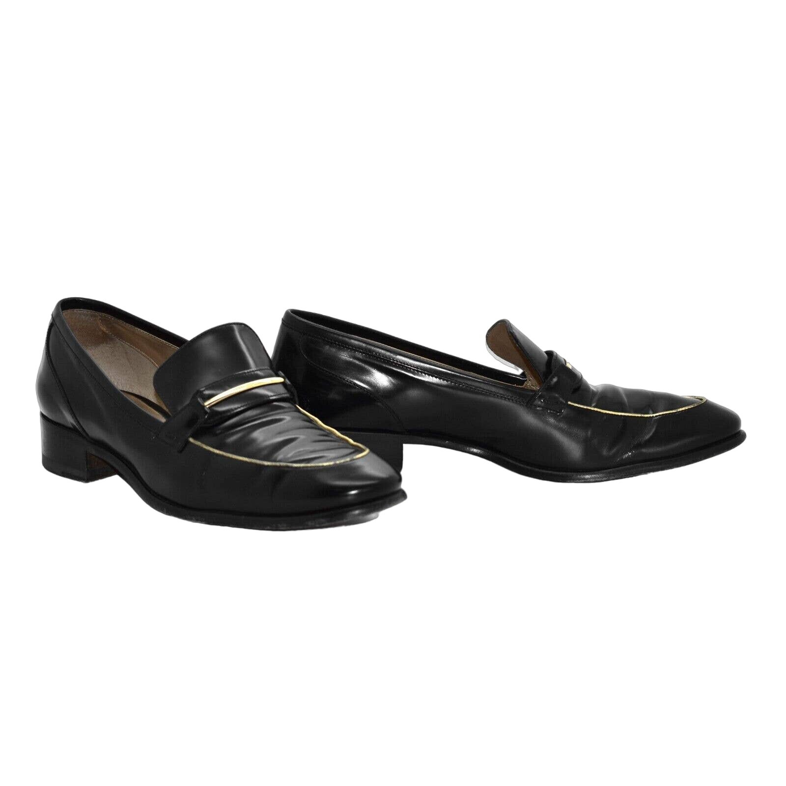 B4 Auth SALVATORE FERRAGAMO Reed Black Leather Gold Trim Loafer Shoes Sz 9B 495