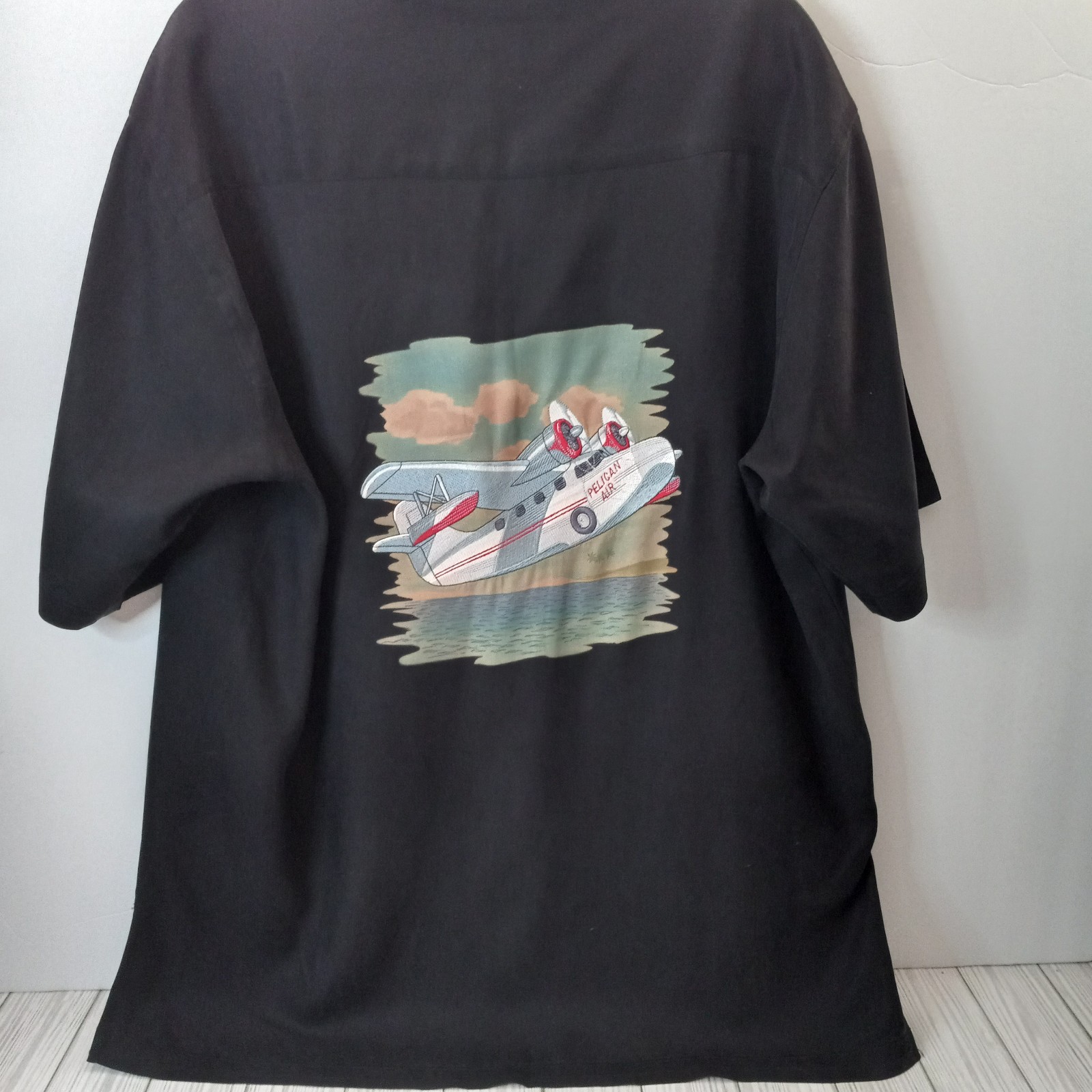 Tori Richard 100% Silk Embroidered Pelican Air Plane Hawaiian Shirt