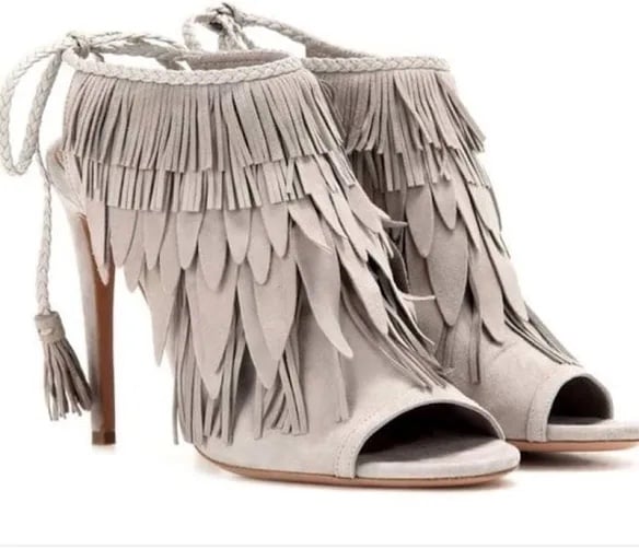 Aquazzura Italy So Pocahontas Suede Open Toe Heel Sandal Grey Fringe 39 9