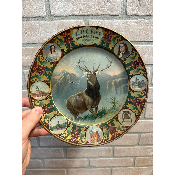 Vintage B.P.O. Elks Grand Lodge Reunion 1907 Philadelphia Tin Litho Plate