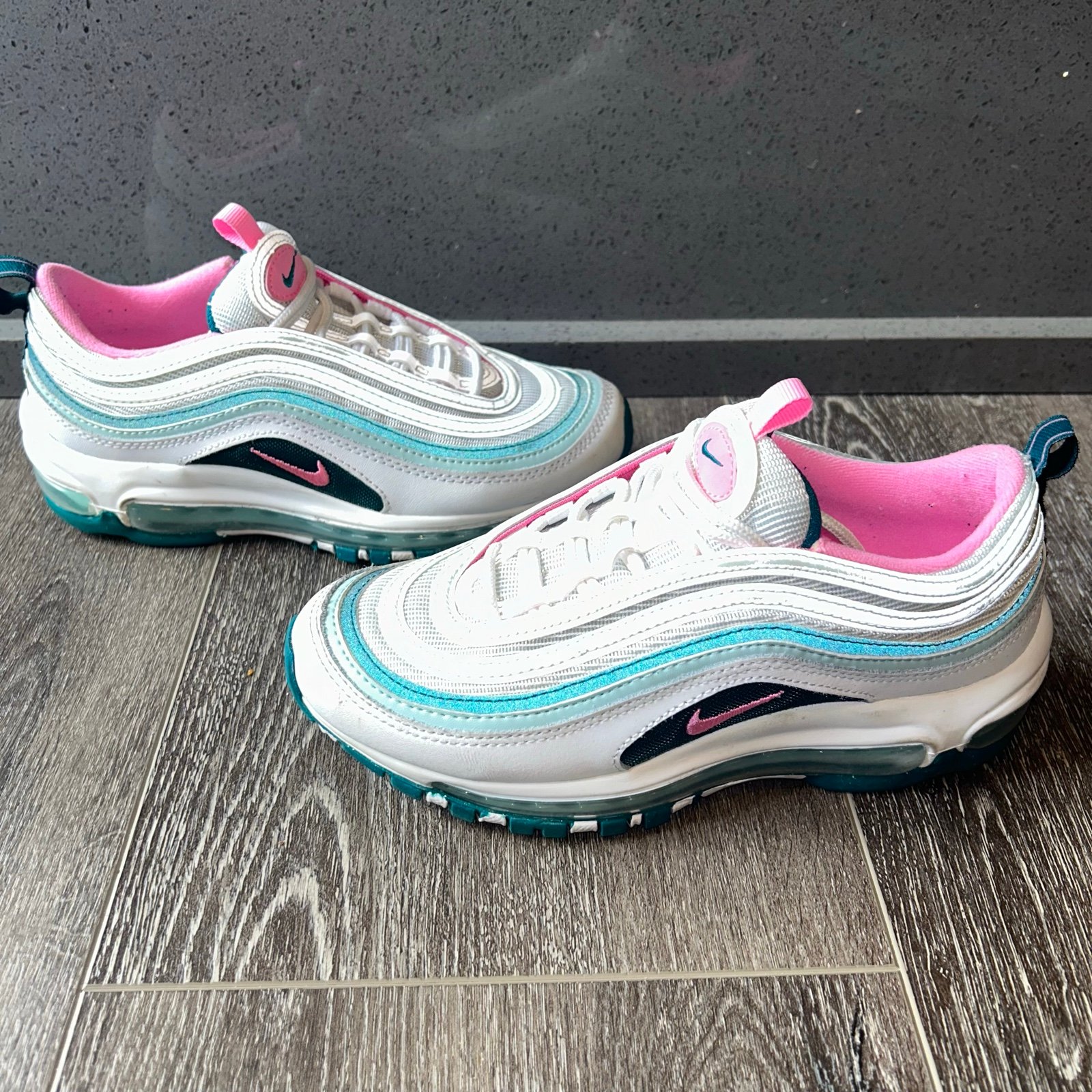Nike Air Max 97 Big Kids’ Shoes 921522-118 White/Geode Teal/Jade Ice/Pink Sz 4Y