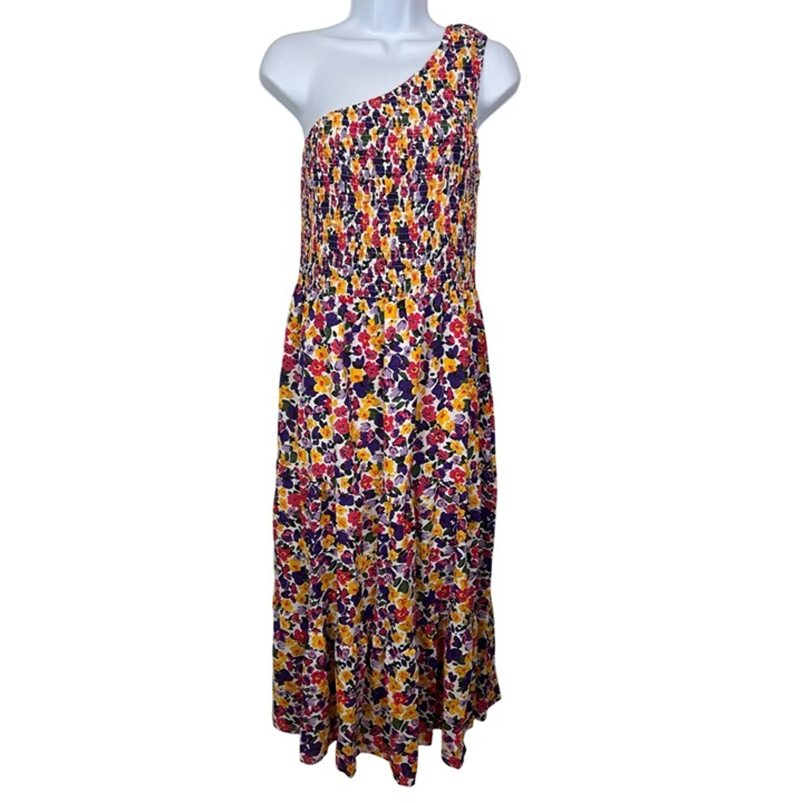 Floral One-Shoulder Maxi Dress Smocked Bodice Asymmetrical Neckline Multicolor W