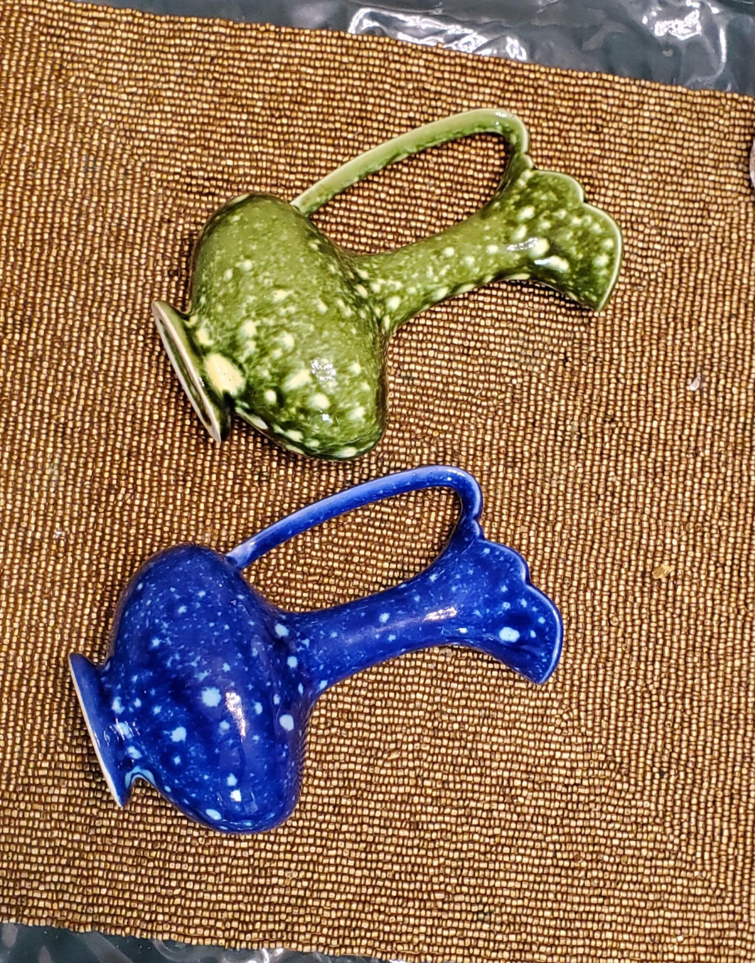2 Ceramic Dot Vases in Green and Blue 6" Tall