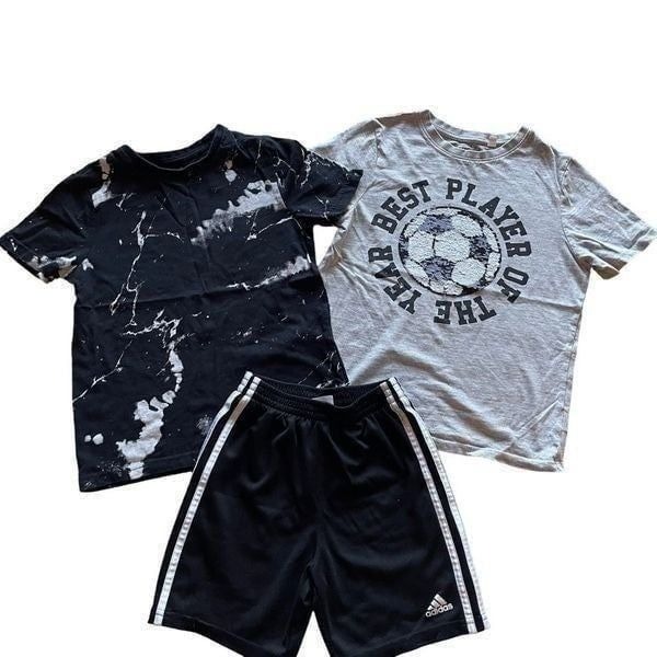 Adidas Black Gray Short Sleeve Soccer Tshirts and Pants Boys Bundle SZ 7 #1206
