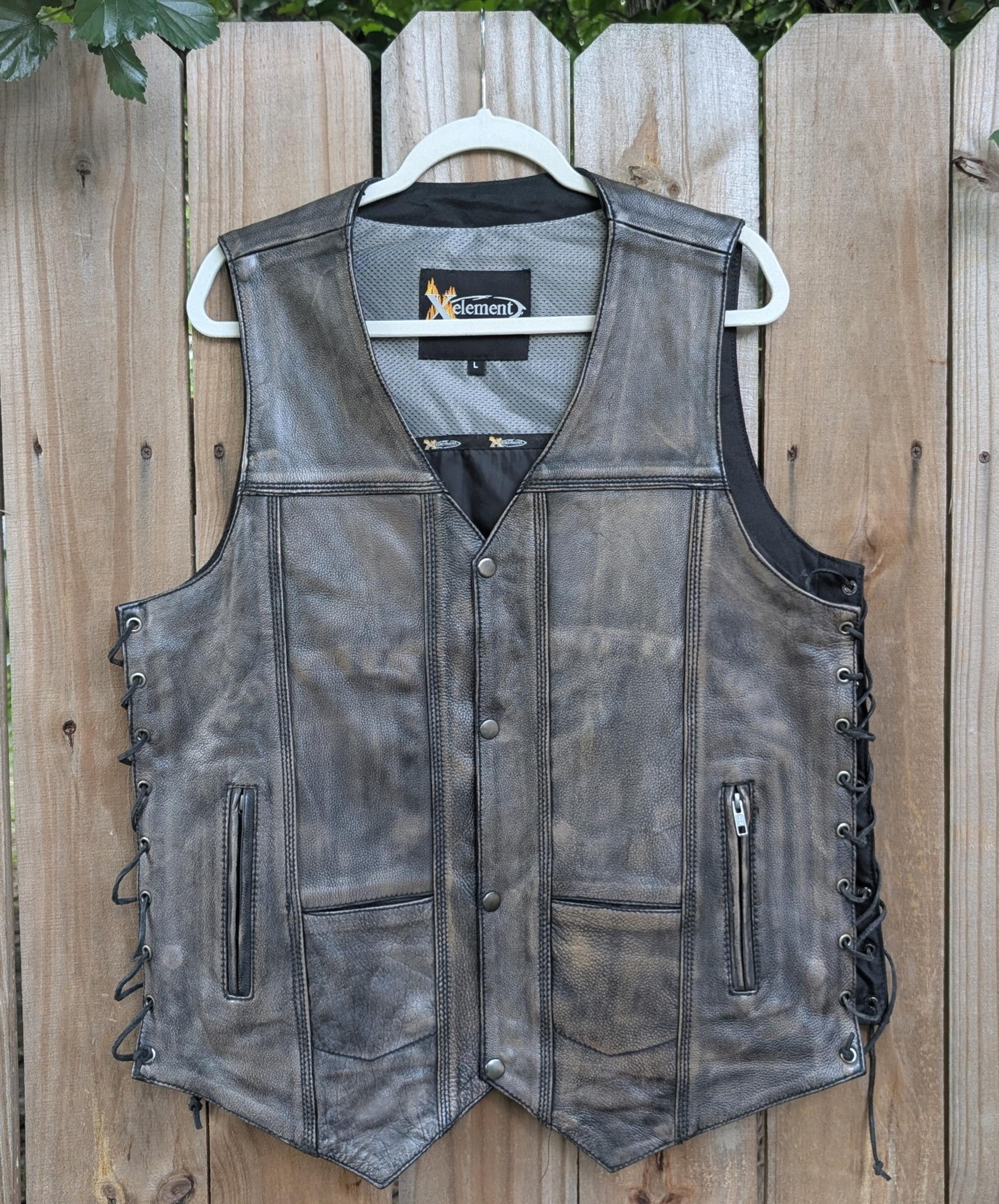 Men's Brown Leather Motorcycle Vest Snap Button Lace Up Sides - Xelement