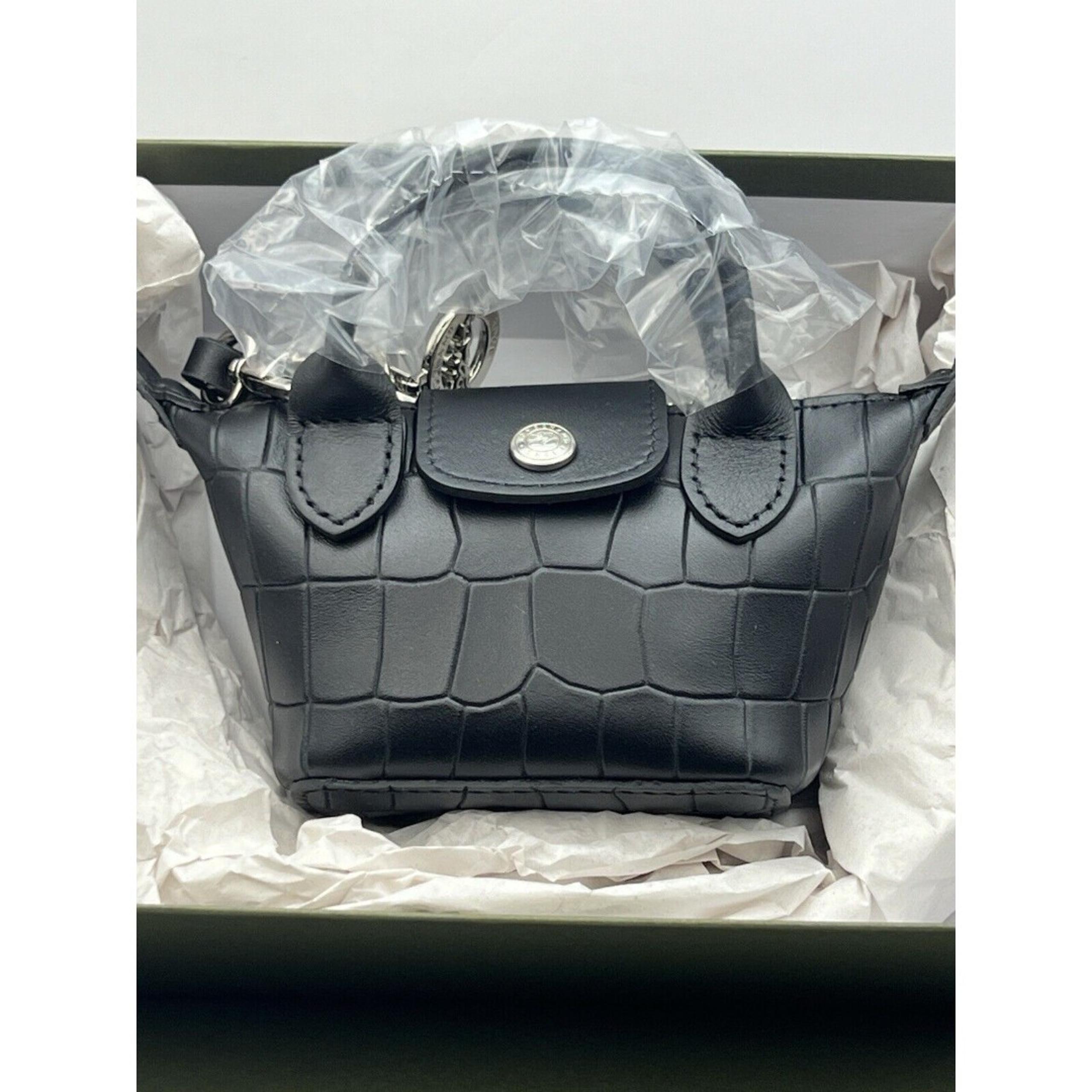 Longchamp Le Pliage Cuir X-Small Croc Embossed Crossbody Bag Black New Authentic