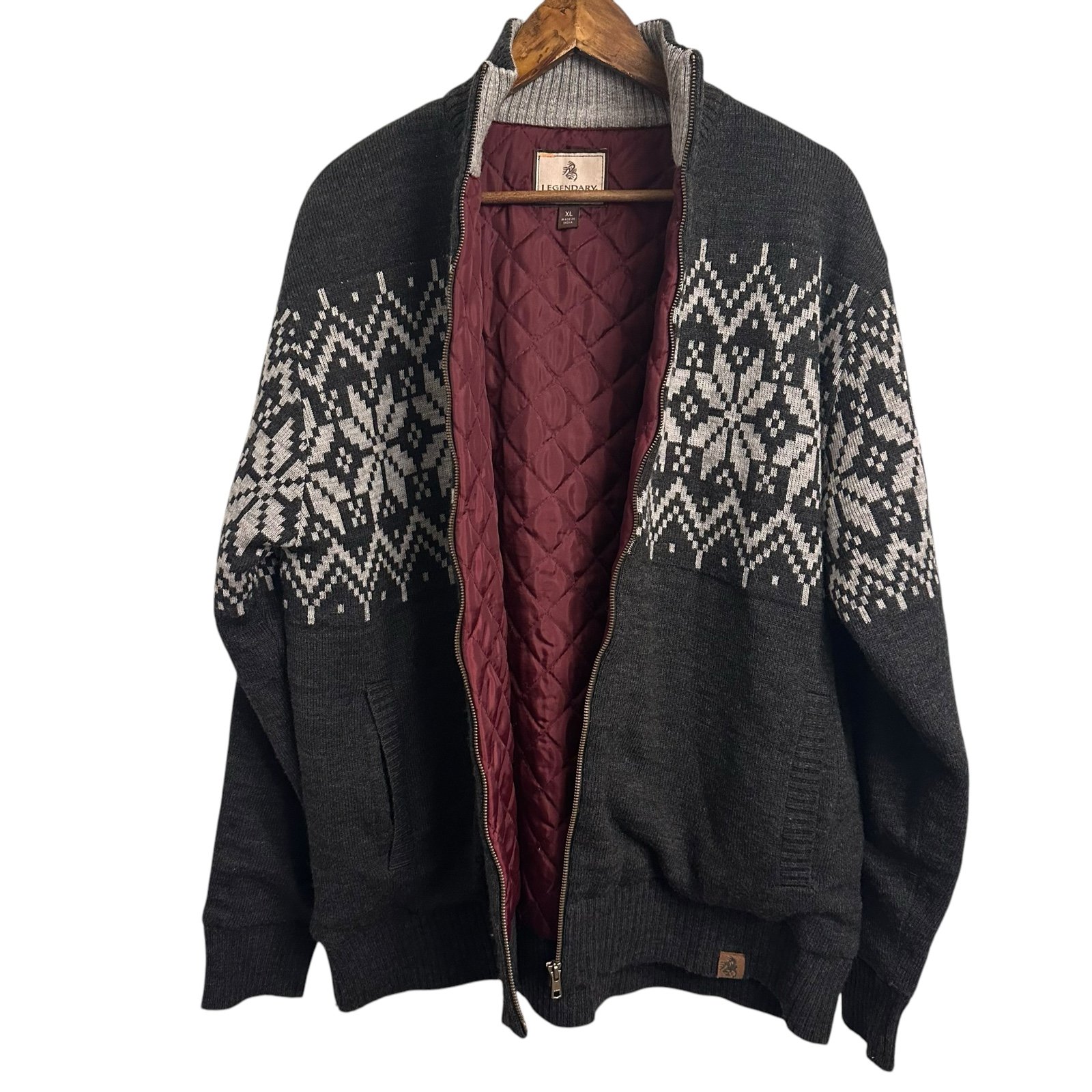Legendary Whitetails Full Zip Wool Blend Sweater Men’s XL Fair Isle Quilted