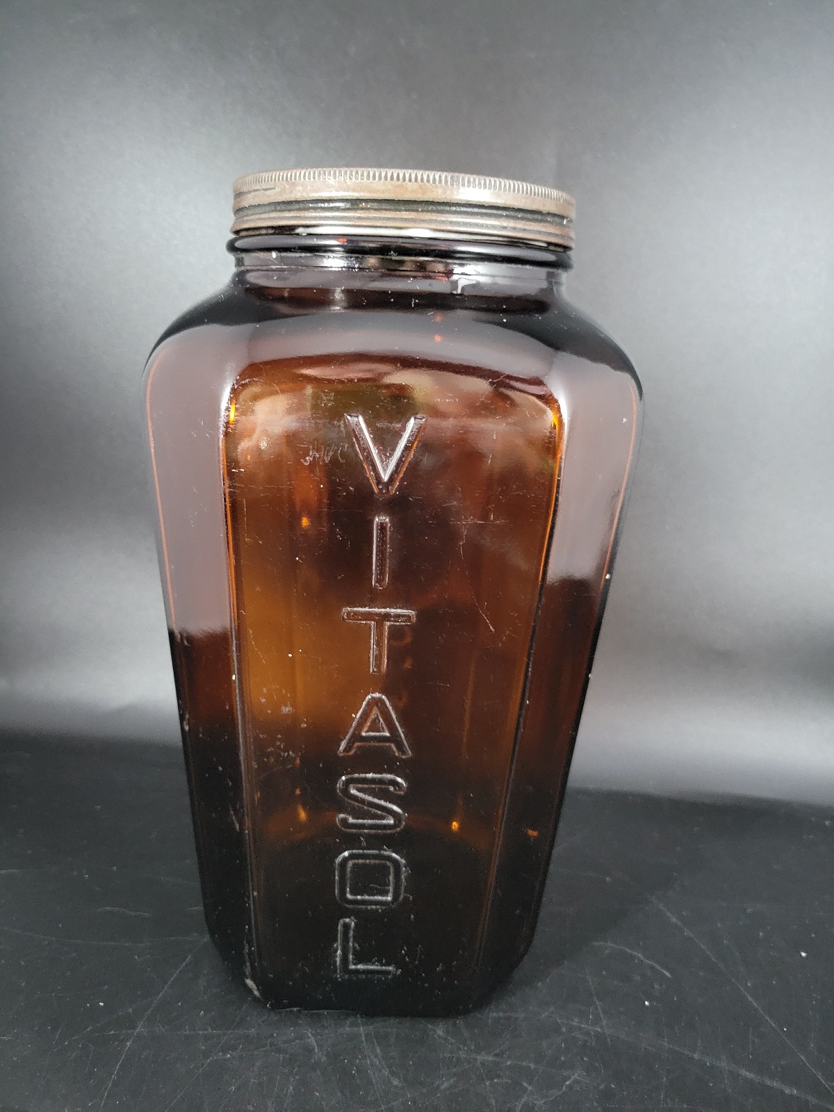 VITASOL Antique Brown Glass Drug Store Apothecary Medicine Jar Embossed 8 Sided