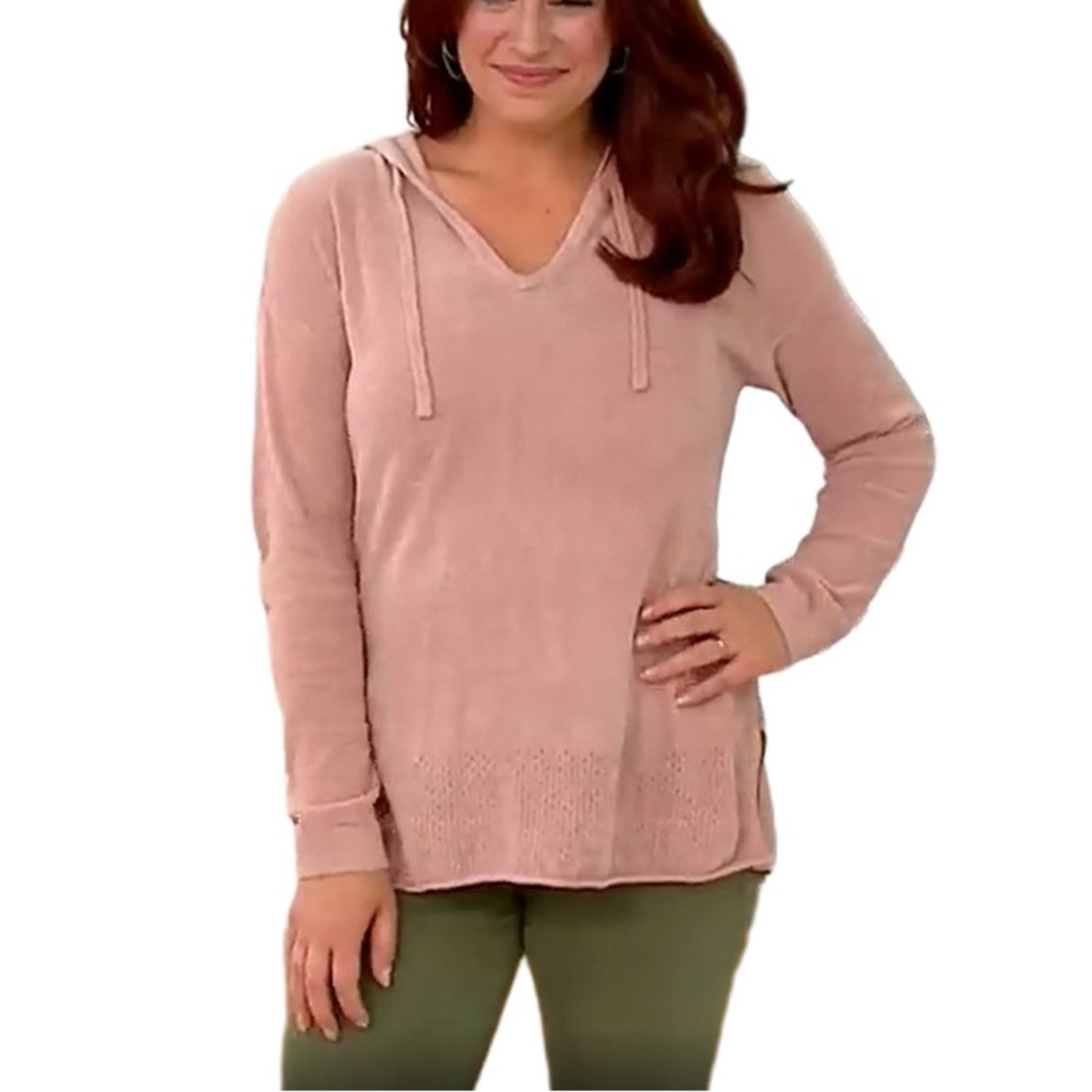 Barefoot Dreams CozyChic Ultra Lite Pointelle Hoodie Sweater Rose Mist Size XS