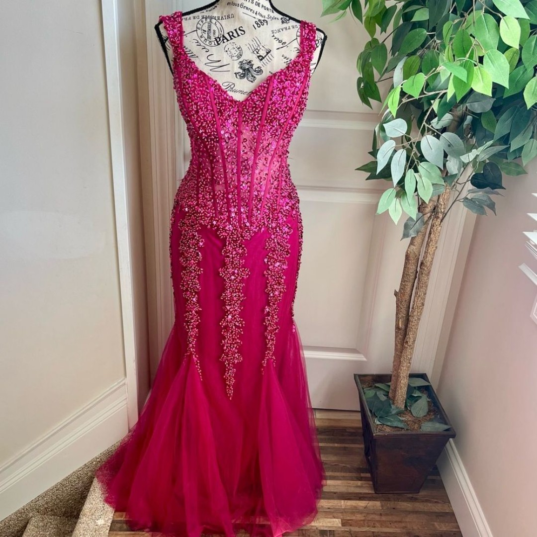 Jovani Beaded Mermaid Tulle Corset Gown Fuchsia Pink Sz 10