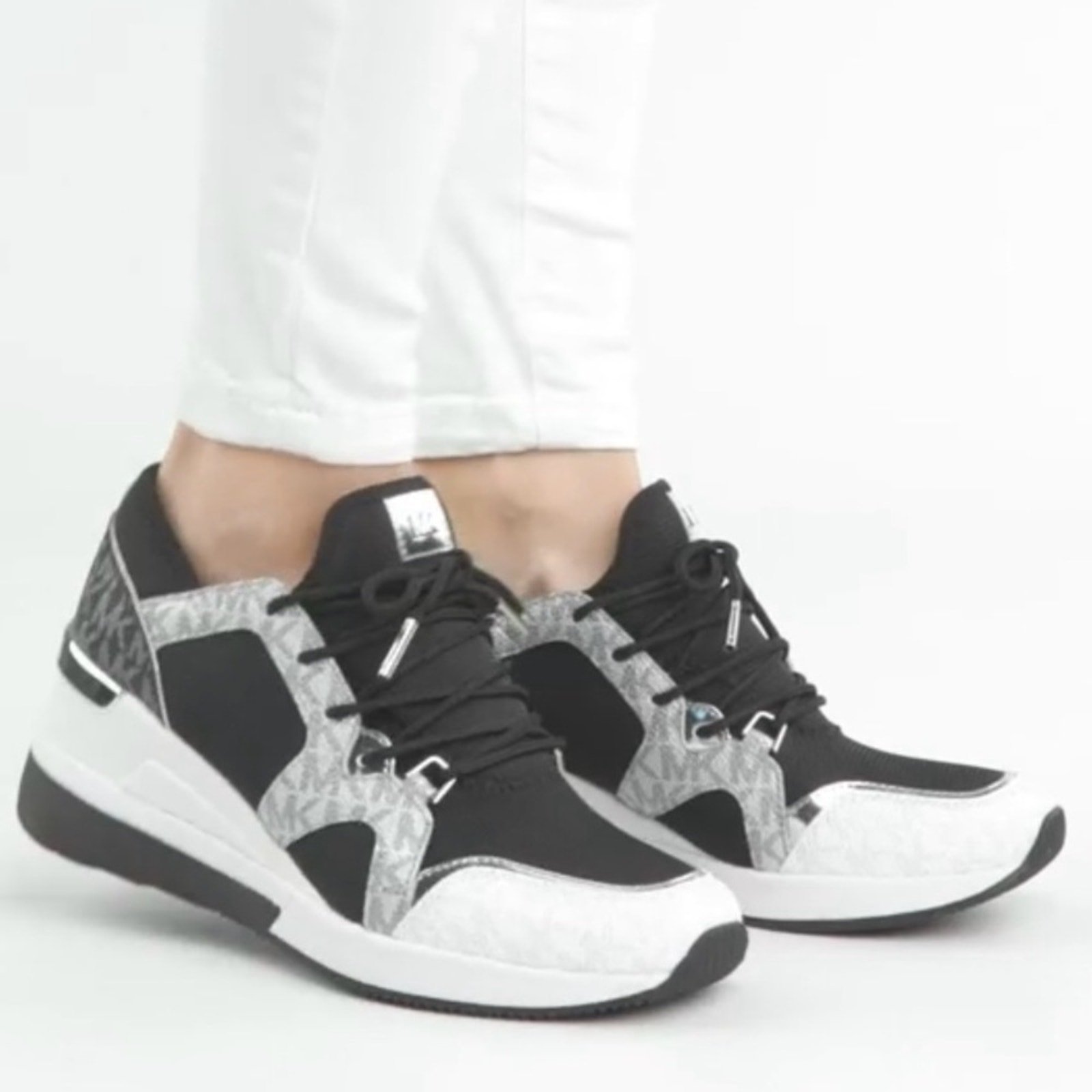 (B)Michael Kors LIV Trainer Extreme Wedge   Sneakers in Silver/Black with,9.5