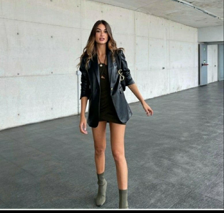 Faux leather blazer jacket with lapel collar black with gold button Size M