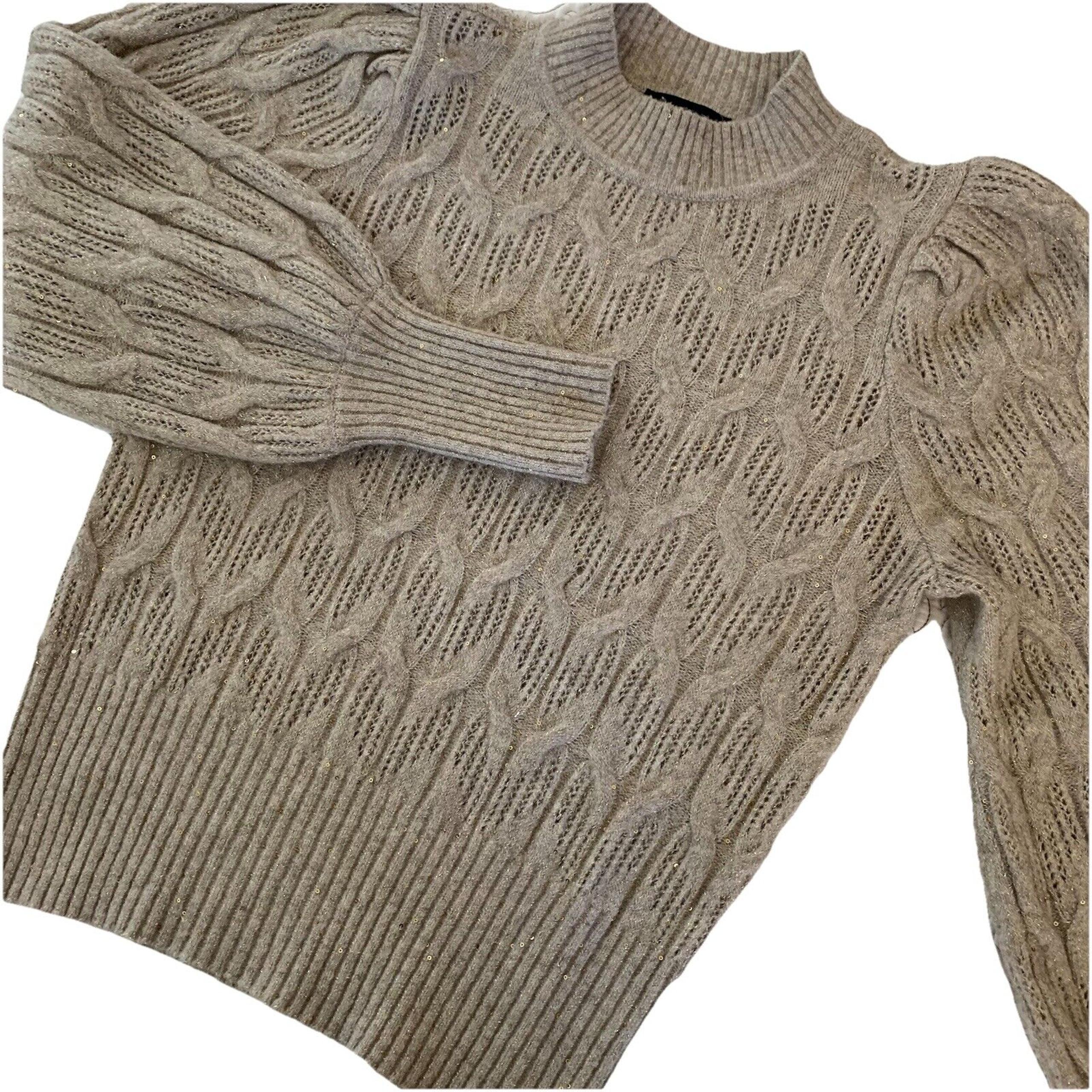 Express Women’s Size Small Gold Mock Neck Puff Sleeve Sparkly Knit Sweater Top