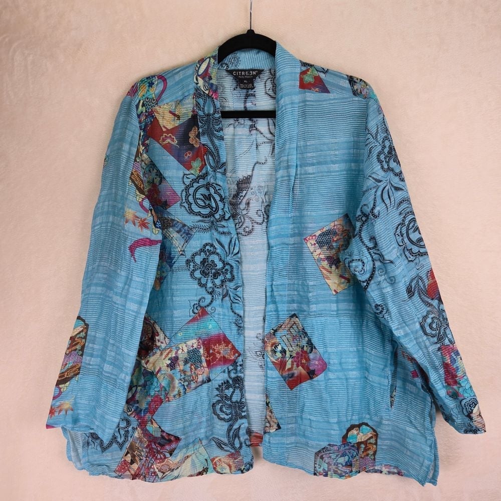 Citron Silk Linen Blend Womens Short Kimono Size XL Semi Sheer Designer Floral