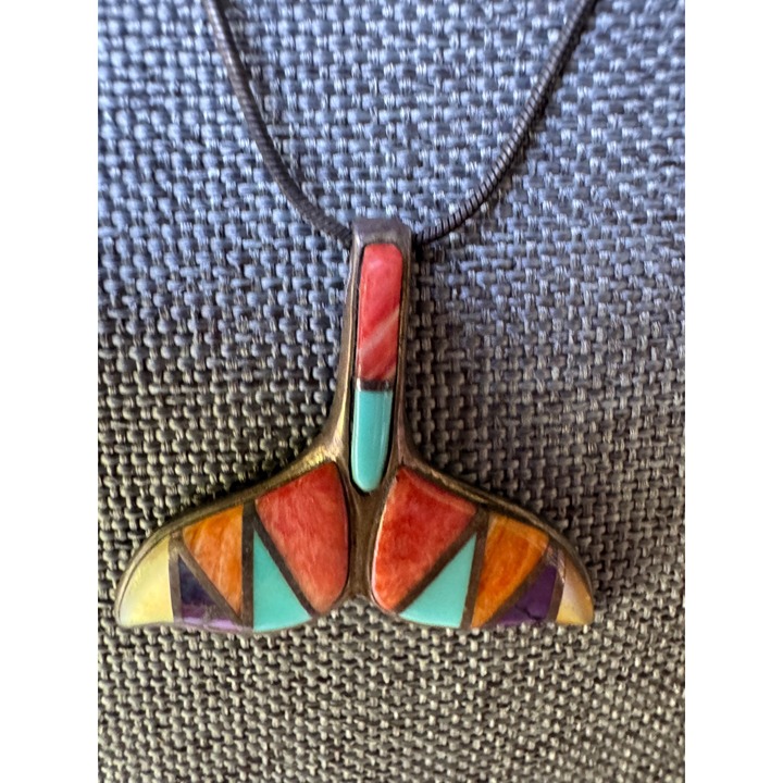 Sterling Silver 925 Whale Dolphin Tail Pendant Necklace With Colorful Gemstone