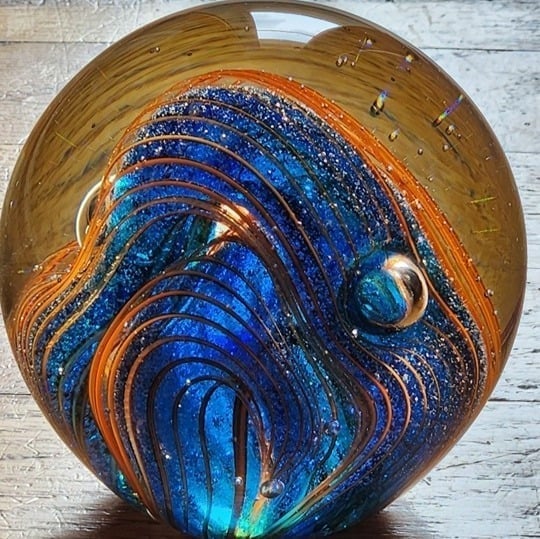 Stunning Huge Handblown Planetoid Blue Orange Bubble Glass Paperweight.