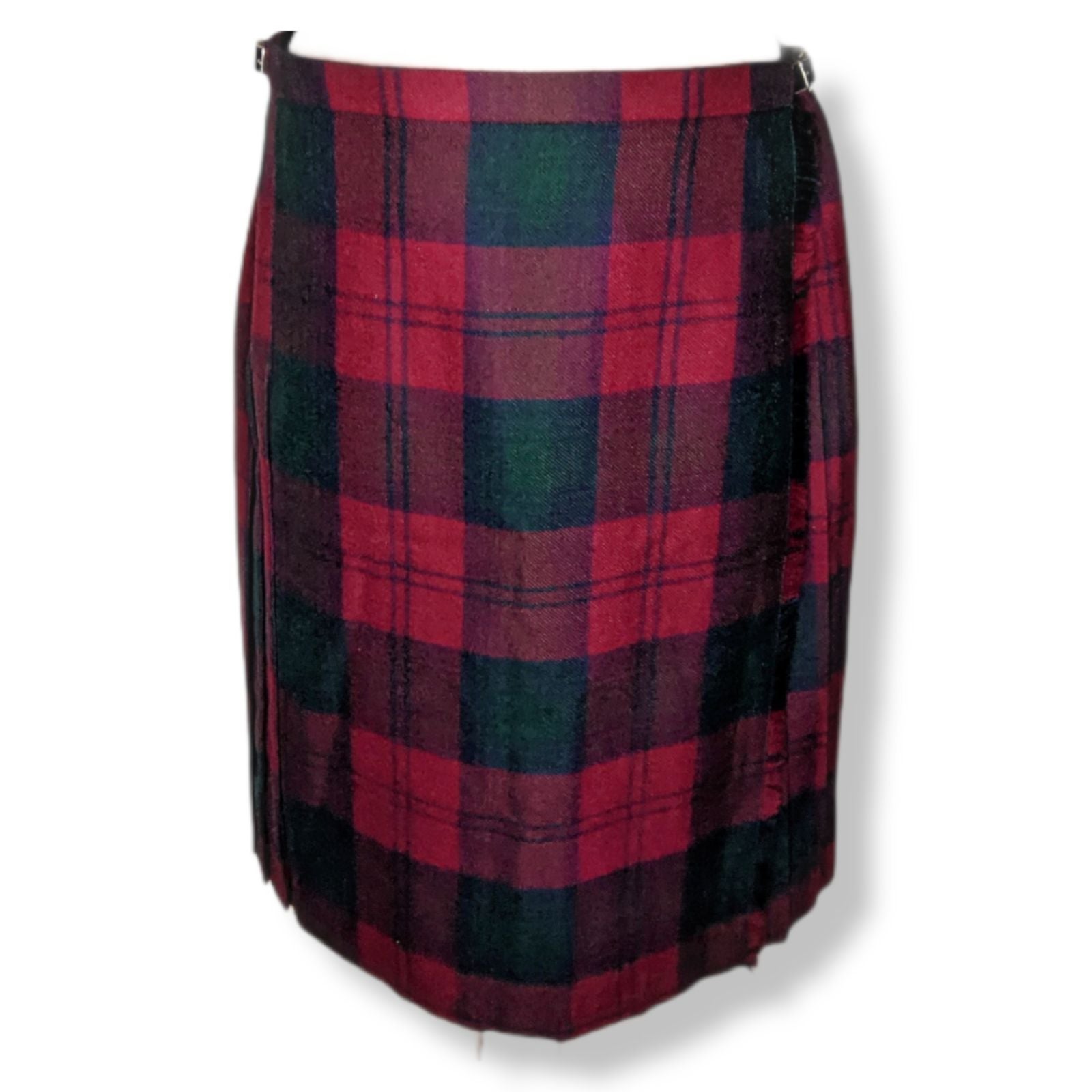 Scottish Clanwear Wool Tartan Pleated Wrap Skirt Plaid Adjustable Leather Belt