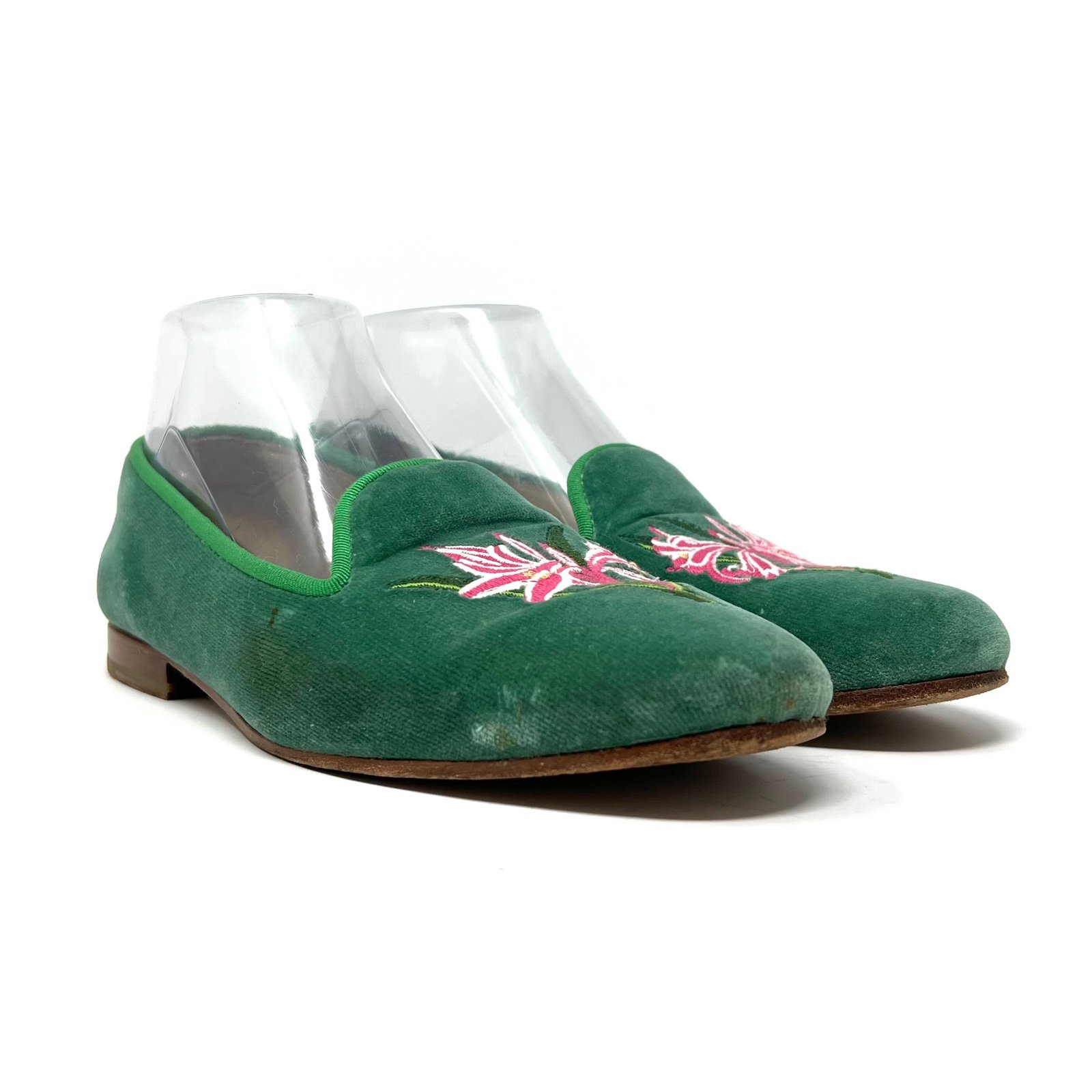 Stubbs & Wootton Green Velvet Pink Lily Flower Slip On Flats Size 7.5