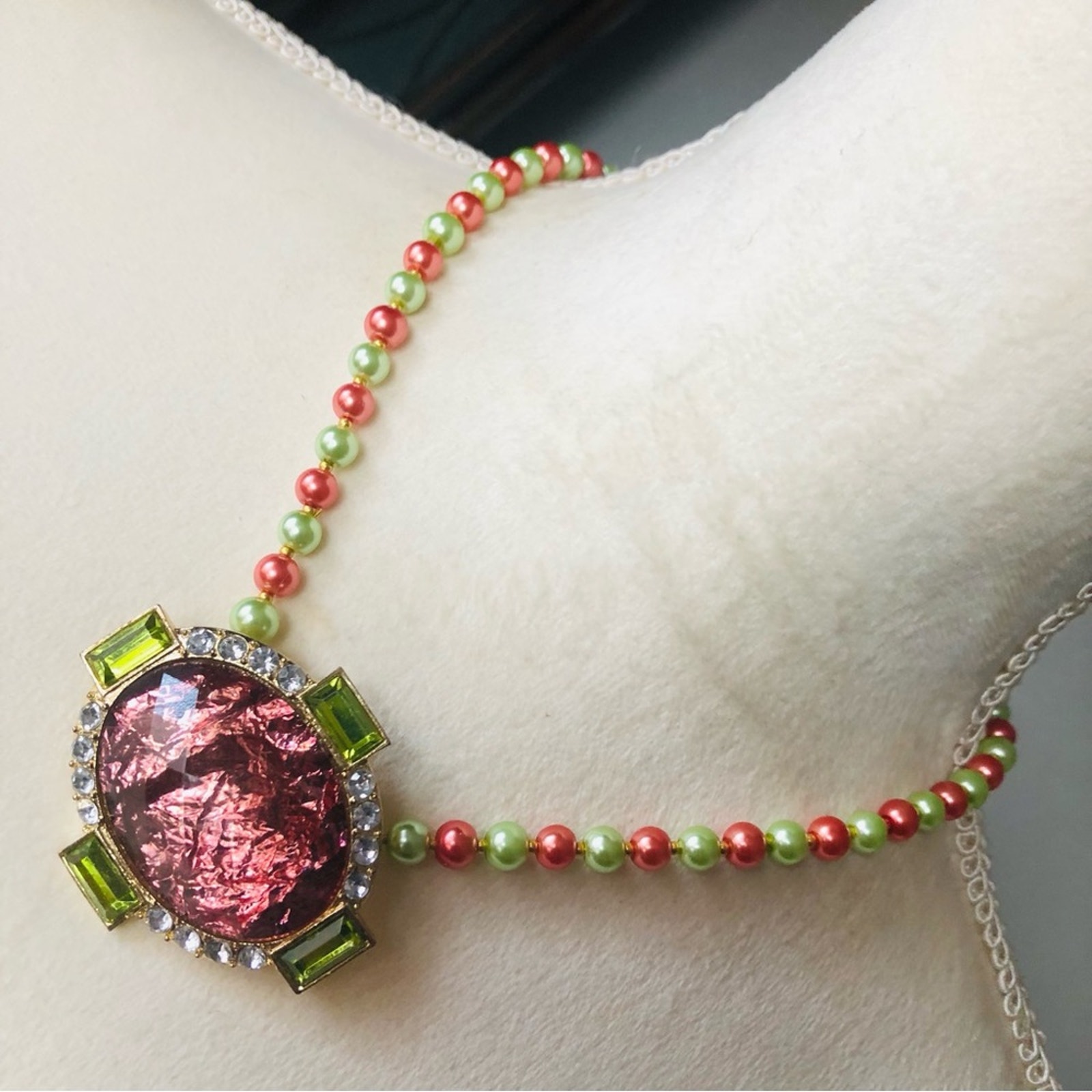 Handcrafted repurpose oval dome crackle glass pendant Czech glass Pearl necklace