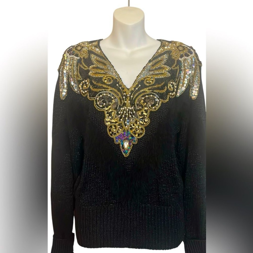 Stunning 1980s Sequin Beaded Embellished Angora Lambswool Statement Sweater RARE