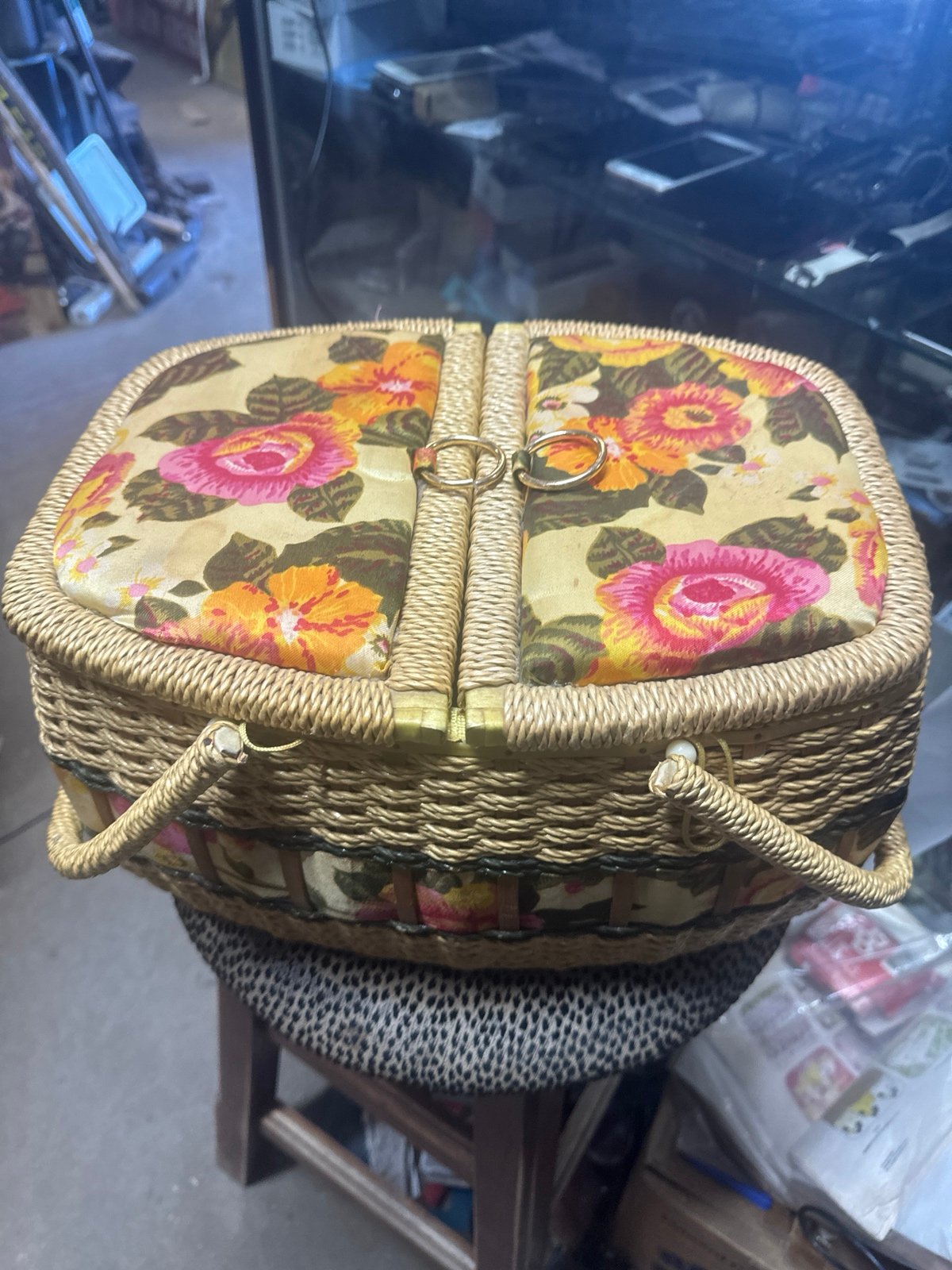 Vintage yellow floral wicker picnic basket