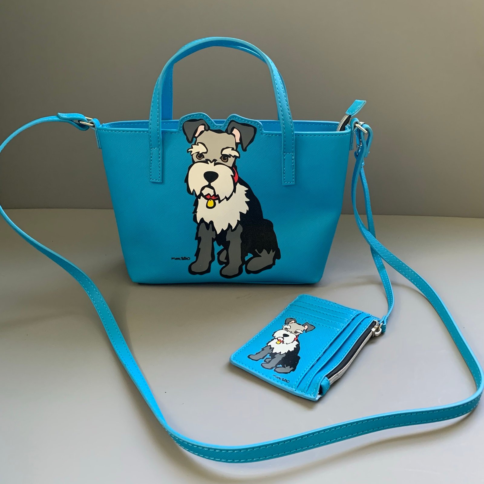 Marc Tetro NYC Schnauzer Dog Blue Whimsy Illustrated Crossbody Mini Tote Bag